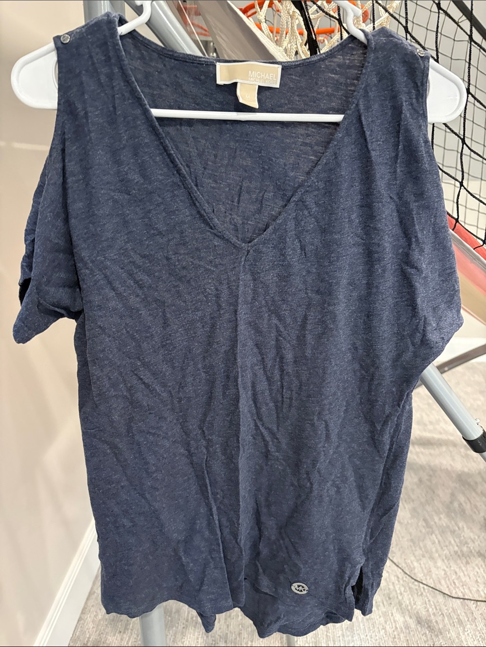 Michael Kors Women's Navy V-Neck Short Sleeve Top with key hole at shoulders